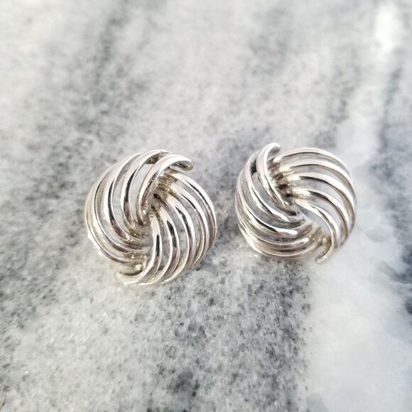 Vintage Silver Tone Knot Style Post Earrings, Retro 80s Design Studs - Picture 2 of 5